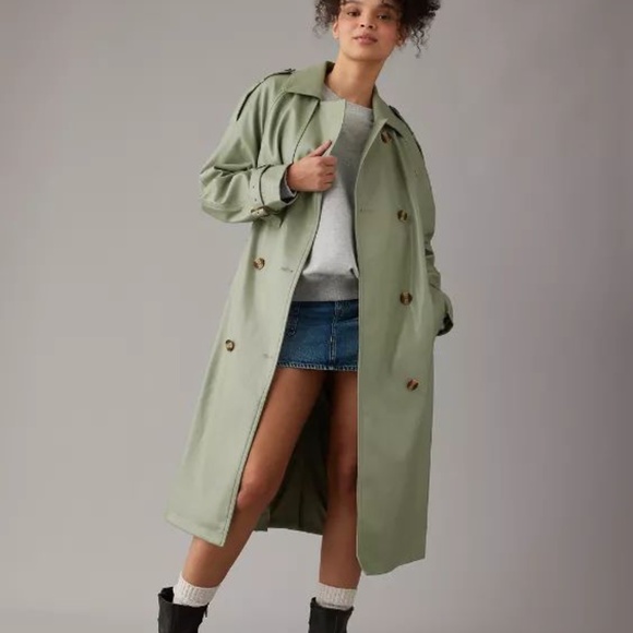 <Final Offer till 23rd>  NWT AE Vegan Leather Trench Coat  Olive Color - Picture 1 of 10
